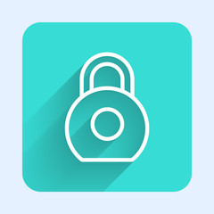 White line Kettlebell icon isolated with long shadow. Sport equipment. Green square button. Vector
