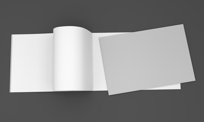 Horizontal blank brochure, magazine, book mock-up. Catalog with curled page. 3D rendering