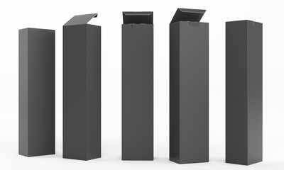 Various black packages 3D mock-ups isolated on white.
