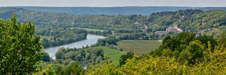 Panorama of a loop of the river Seine and the castle of La Roche Guyon in Vexin regional national...
