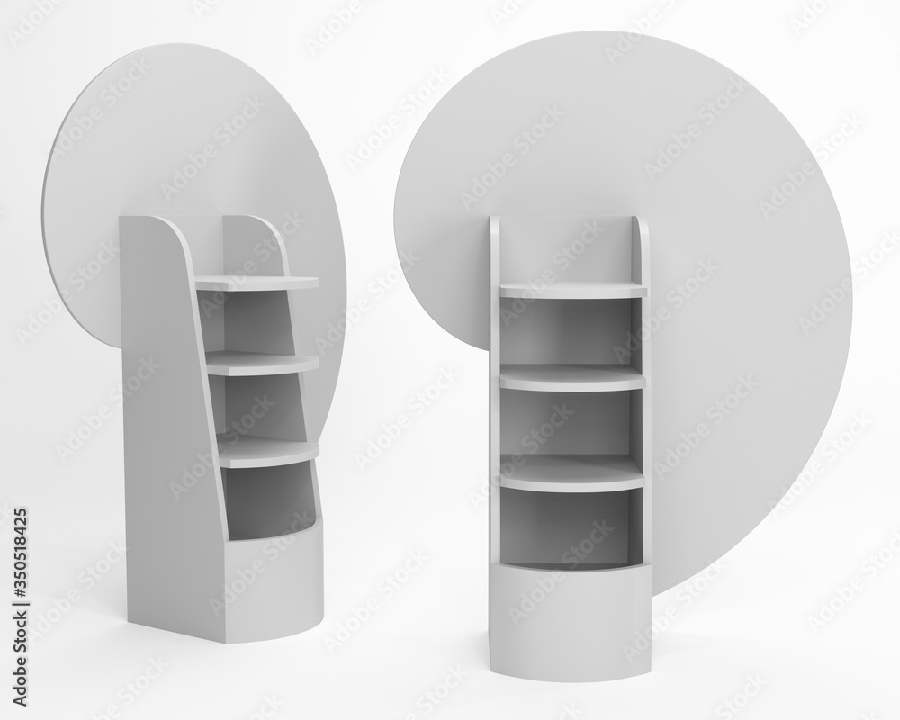 Poster shelf pos stand mock-up, blank carton product display, 3d rendering