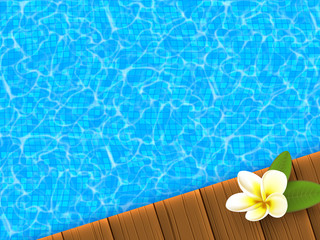 Realistic blue swimming pool with wooden flooring stripes and plumeria flower. Hotel and spa resort vacation summer background. Vector illustration.