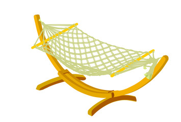 Hammock vector illustration isolated on white background. Summer time enjoy and relaxation swing bed. Beach time. Wooden garden equipment for backyard or picnic.