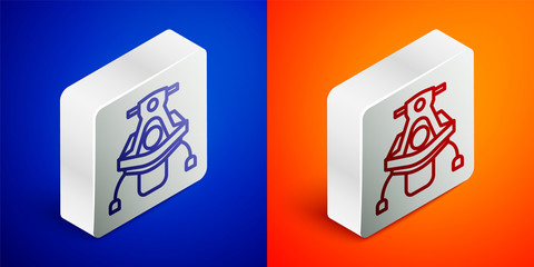 Isometric line Snowmobile icon isolated on blue and orange background. Snowmobiling sign. Extreme sport. Silver square button. Vector