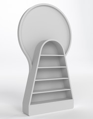 White POS stand mock-up, Blank product display with circle banner, 3D rendering
