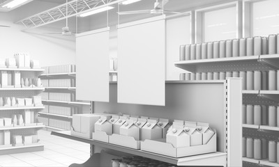 Blank Banner In Supermarket. Shelves With Products. 3D rendering
