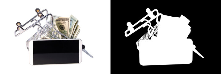 Inverted cart from the store with dollars banknotes. Smartphone. Isolated background mask layer....