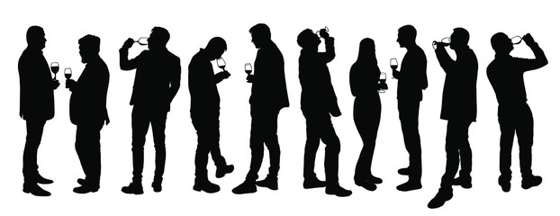 Business people meeting and drinking wine vector silhouette isolated on white. Friends toasting relaxation after work. Boys drink beer in bar. Social live celebration with beverage. Girl and boy love.