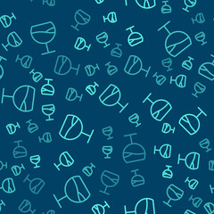 Green line Wine glass icon isolated seamless pattern on blue background. Wineglass sign. Vector