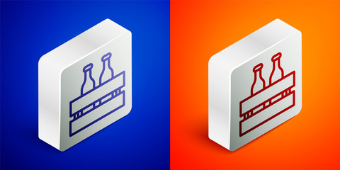 Isometric line Pack of beer bottles icon isolated on blue and orange background. Wooden box and beer bottles. Case crate beer box sign. Silver square button. Vector