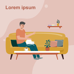 Set of young man stay home. What young man does while stay home. People working at home. home office. Flat style vector illustration