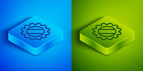 Isometric line Bottle cap icon isolated on blue and green background. Square button. Vector