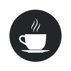 Cup with vapour icon. Cup with hot drink graphic sign in the circle isolated on white background. Vector illustration