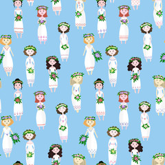 midsummer festival celebration, summer holiday. cute happy girls in white dresses