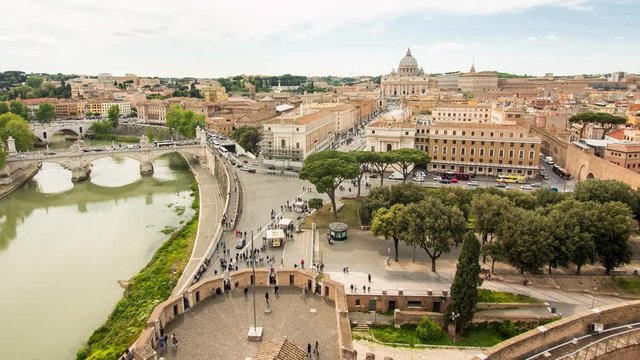 View from the Sant Angelo castle to the St. Peter's Basilica in Vatican, Rome, Italy timelapse