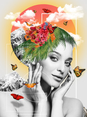 Portrait of beautiful woman with modern floral design, inspiration artwork. Beauty, fashion and ad concept. Fashionable and contemporary look, tiny and tender flowers. Spring, blooming beauty.