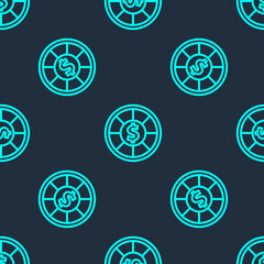 Green line Casino chips icon isolated seamless pattern on blue background. Casino gambling. Vector