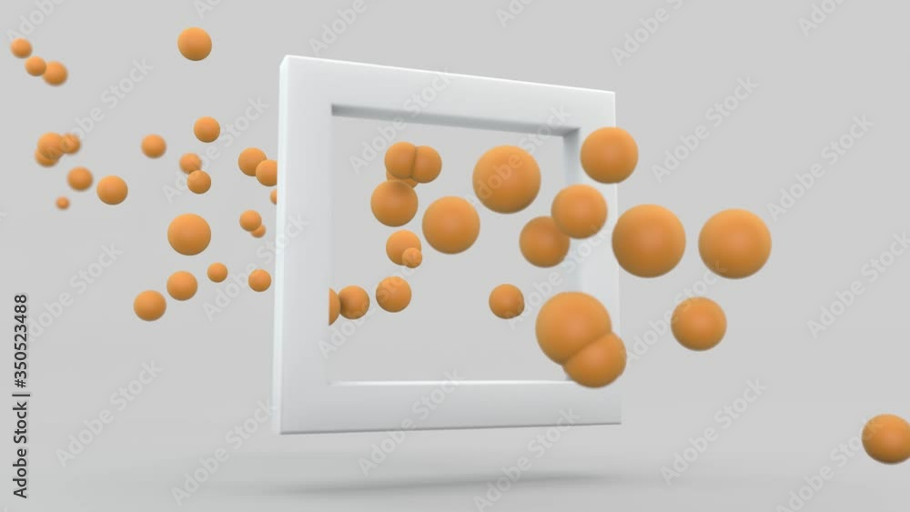 Poster 3d abstract animation of a stream of balls, spheres moving randomly through a white square. 4k anima