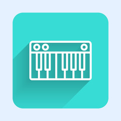 White line Music synthesizer icon isolated with long shadow. Electronic piano. Green square button. Vector