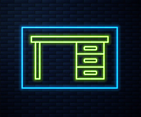 Glowing neon line Office desk icon isolated on brick wall background. Vector Illustration