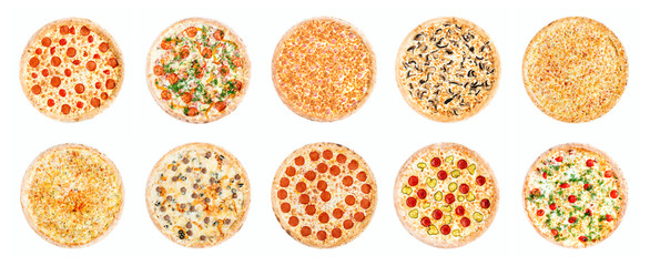 Big set of different pizzas: Ham with mushrooms, Barbecue, Peperoni's, Mexican, Chicken, Meat, Italian, Florentina, Bonanza, Margarita, , Hawaiian, Isolated on white background