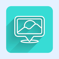 White line Map pin icon isolated with long shadow. Navigation, pointer, location, map, gps, direction, place, compass, search concept. Green square button Vector Illustration