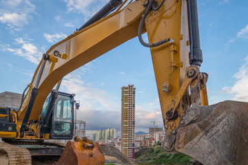 Construction equipment for skyscraper in a construction site.