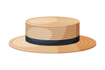 Fototapeta na wymiar Male Straw Hat with Black Ribbon, Retro Headdress, Sun Protection Headwear Flat Vector Illustration