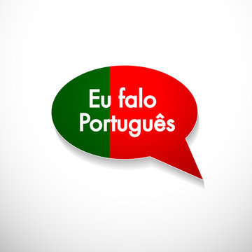 The word Eu Falo Portugues in bubble with portuguese flag, speak and language, vector icon
