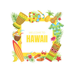 Hawaii Travel Banner Template with Travelling Symbols of Square Frame Vector Illustration