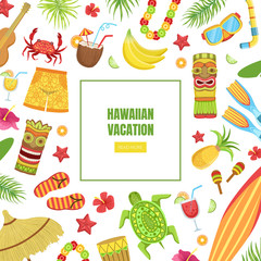 Hawaiian Vacation Landing Page Template with Travelling Symbols Seamless Pattern Vector Illustration