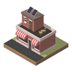 Vector isometric building with small shop. Two storey house icon.