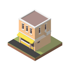 Vector isometric building with shop. Two storey house icon.