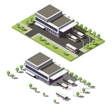 Isometric Bus Terminal With City Buses.