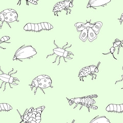 Obraz premium Seamless pattern with insects on a blue background. Vector illustration with insects. Design of packaging paper for children. Printing on fabrics, clothing, and dresses. Doodle style. 