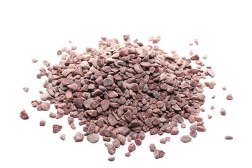 Red rocks, pebbles, stones pile isolated on white background