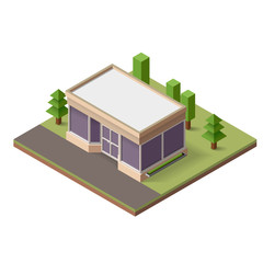 Vector isometric small roadside store. Cafe in the woods. Small town retail building.