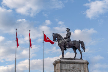 Ankara/Turkey-May 06 2020: Statue of Ataturk with white and blue sky background and Ulus district