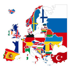 Detailed silhouettes of europe countries with national flags, europe map iso on white