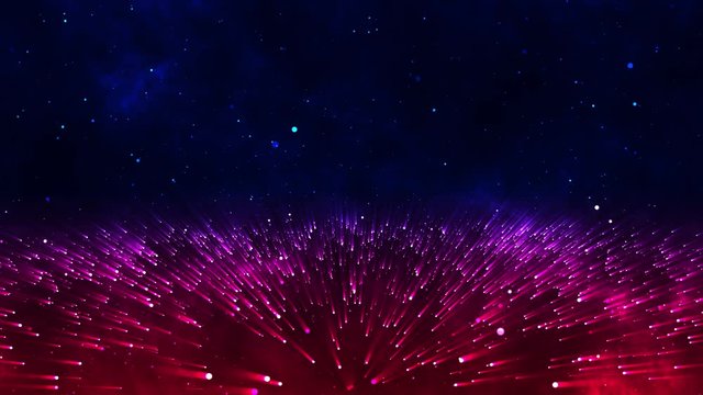 Abstract Red Fairy Lights Shine In The Dark Blue Clouds Deep Space With Shiny Glitter Sparkles Dust Flying Background Motion