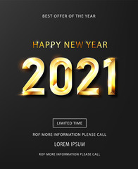 Happy new year 2021 banner.Golden Vector luxury text 2021 Happy new year. Gold Festive Numbers Design. Happy New Year Banner with 2021 Numbers .Vector illusration