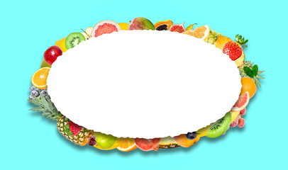 Creative photo of many different exotic tropical bright fruits with shadows on a blue background and an isolated white oval with beautiful jagged edges in the center for text. Bright summer pattern.