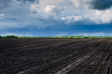 Fototapeta na wymiar Beautiful rural landscape with arable field and rainy sky