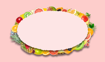 Creative photo of many different exotic tropical bright fruits with shadows on a pink color background and an paper oval with beautiful jagged edges in the center for text. Bright summer pattern.