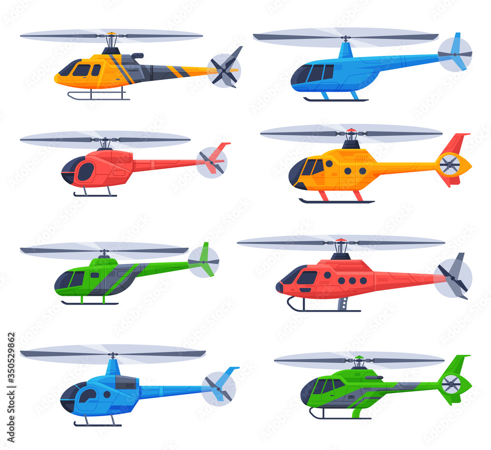 Sticker Helicopters Aircrafts Collection, Flying Colorful Choppers, Air Transportation Flat Vector Illustration