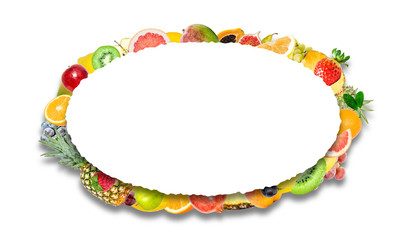 Creative photo of many different exotic tropical bright fruits with shadows isolated on a white background and an isolated oval with beautiful jagged edges in center for text. Bright summer pattern.