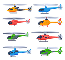 Helicopters Aircrafts Collection, Flying Colorful Choppers, Air Transportation Flat Vector Illustration