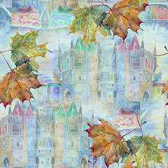Old town with leaves painting in watercolor. Handmade seamless pattern for fabric.