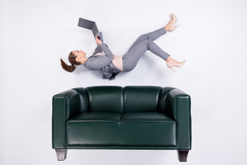 Top above high angle view full size profile side photo of marketer girl work laptop typing chatting...