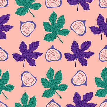 Abstract fruit pattern with figs and leaves. Vector illustration in hand drawn style.